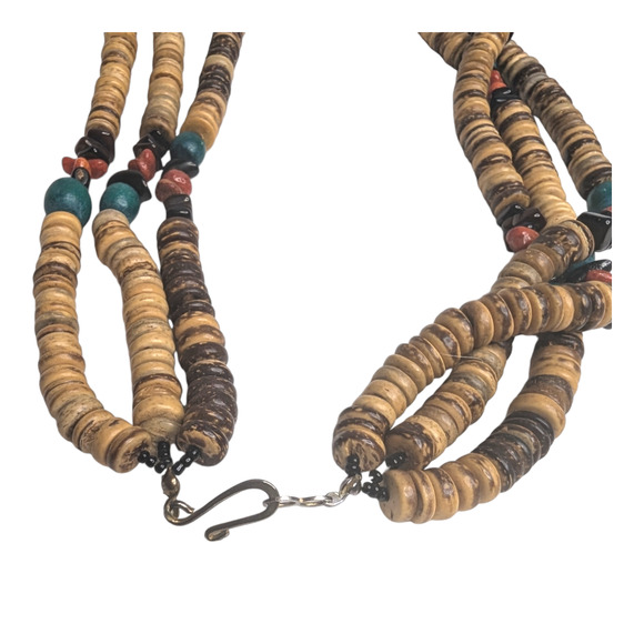 Boho Multi Layered Chunky Multi Colored Wooden Beaded Long Vintage Necklace - Picture 2 of 6